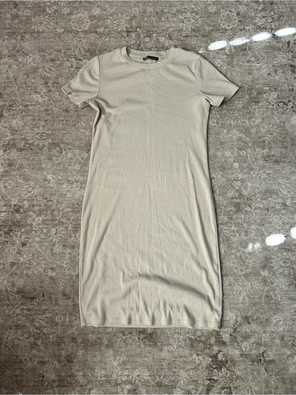 Zara Ribbed Crew Neck Fitted Dress in Beige